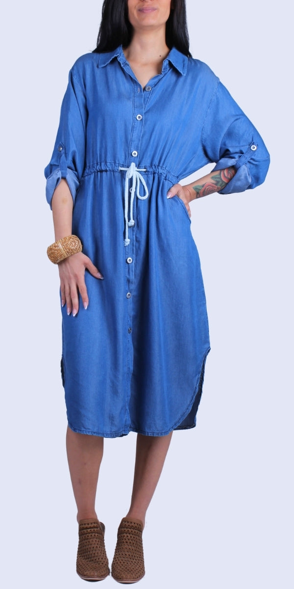 Fresca Denim Dress - Gigi Moda - Made in Italy # button down dress, Buttons, Collared, denim dress, drawstring waist, Dress, faux denim, Gigi Moda, Made in Italy, midi dress, Pockets, Rolled Sleeves