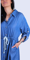 Fresca Denim Dress - Gigi Moda - Made in Italy # button down dress, Buttons, Collared, denim dress, drawstring waist, Dress, faux denim, Gigi Moda, Made in Italy, midi dress, Pockets, Rolled Sleeves