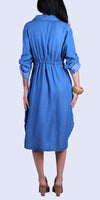 Fresca Denim Dress - Gigi Moda - Made in Italy # button down dress, Buttons, Collared, denim dress, drawstring waist, Dress, faux denim, Gigi Moda, Made in Italy, midi dress, Pockets, Rolled Sleeves