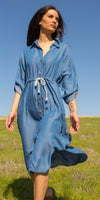 Fresca Denim Dress - Gigi Moda - Made in Italy # button down dress, Buttons, Collared, denim dress, drawstring waist, Dress, faux denim, Gigi Moda, Made in Italy, midi dress, Pockets, Rolled Sleeves
