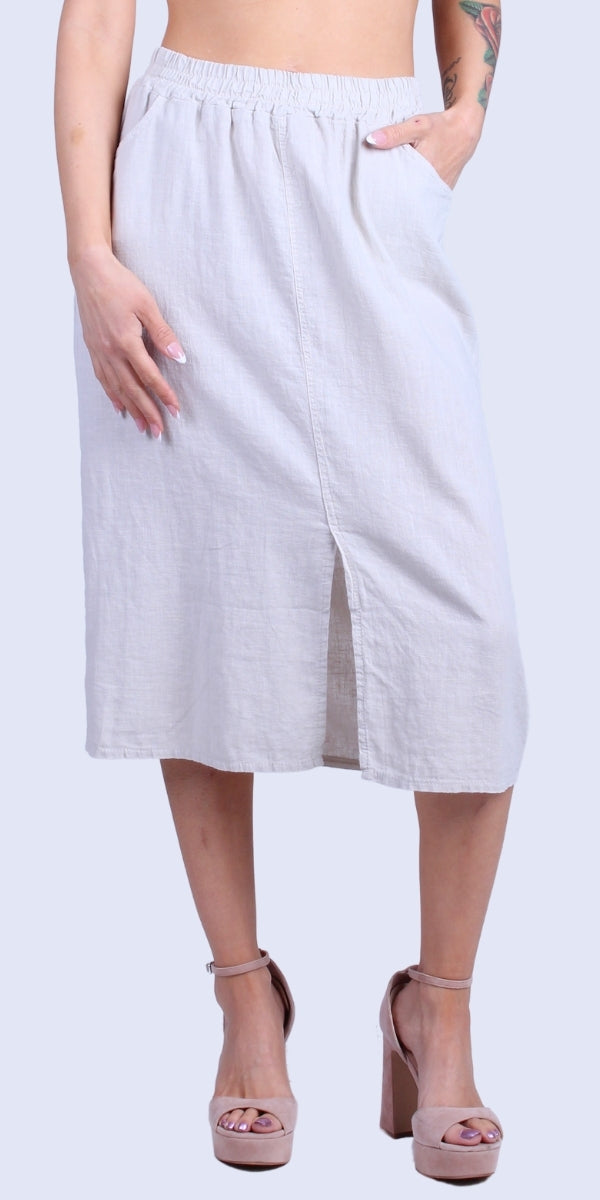 Dolcezza Linen Skirt - Gigi Moda - Made in Italy # comfortable fit, elastic waist, elastic waistband, front pockets, front slit, Gigi Moda, italian brand, italian clothes, italian fashion, italian linen, Linen, midi skirt, Pockets, Skirt, womens fashion