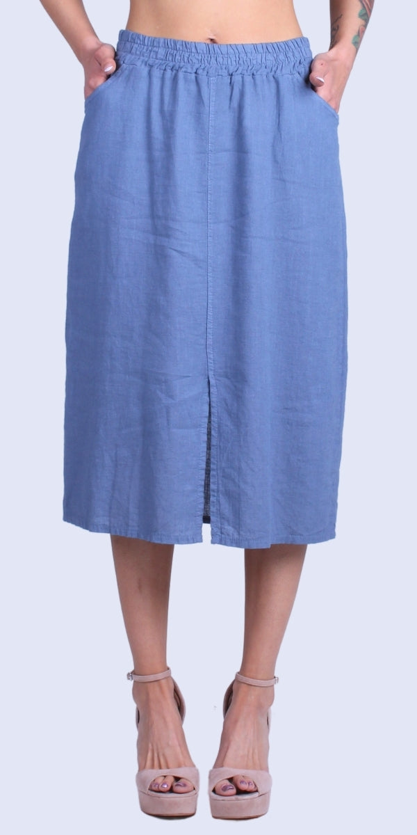 Dolcezza Linen Skirt - Gigi Moda - Made in Italy # comfortable fit, elastic waist, elastic waistband, front pockets, front slit, Gigi Moda, italian brand, italian clothes, italian fashion, italian linen, Linen, midi skirt, Pockets, Skirt, womens fashion