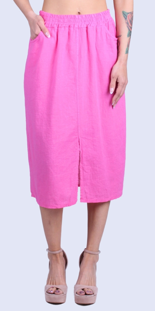 Dolcezza Linen Skirt - Gigi Moda - Made in Italy # comfortable fit, elastic waist, elastic waistband, front pockets, front slit, Gigi Moda, italian brand, italian clothes, italian fashion, italian linen, Linen, midi skirt, Pockets, Skirt, womens fashion