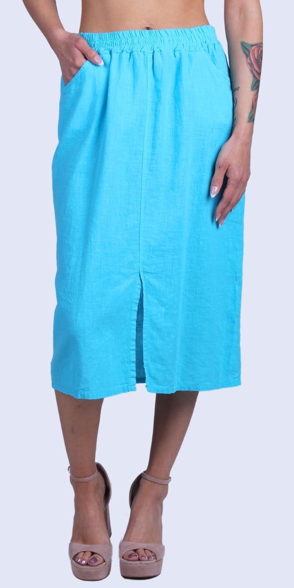 Dolcezza Linen Skirt - Gigi Moda - Made in Italy # comfortable fit, elastic waist, elastic waistband, front pockets, front slit, Gigi Moda, italian brand, italian clothes, italian fashion, italian linen, Linen, midi skirt, Pockets, Skirt, womens fashion