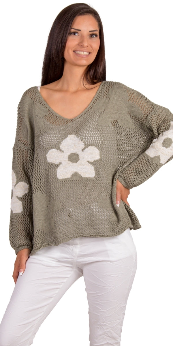Jesolo Crochet Sweater - Gigi Moda - Made in Italy # Cover Up, Crochet, crochet top, floral, floral design, Floral Print, Gigi Moda, knit sweater, Long Sleeve, Made in Italy, one size, Top