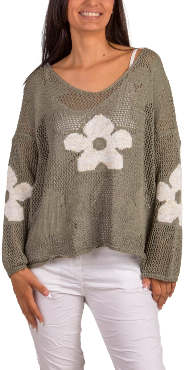 Jesolo Crochet Sweater - Gigi Moda - Made in Italy # Cover Up, Crochet, crochet top, floral, floral design, Floral Print, Gigi Moda, knit sweater, Long Sleeve, Made in Italy, one size, Top