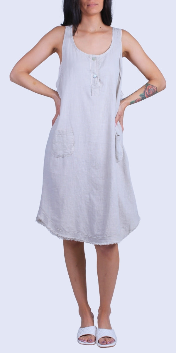 Armonia Linen Dress - Gigi Moda - Made in Italy # Buttons, Dress, Frayed Edge, Gigi Moda, Linen, Made in Italy, one size, OS, pockets, raw edge, Sleeveless
