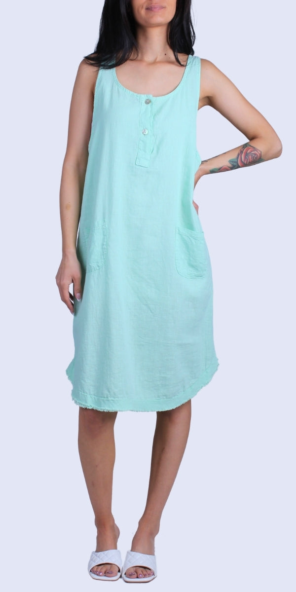 Armonia Linen Dress - Gigi Moda - Made in Italy # Buttons, Dress, Frayed Edge, Gigi Moda, Linen, Made in Italy, one size, OS, pockets, raw edge, Sleeveless