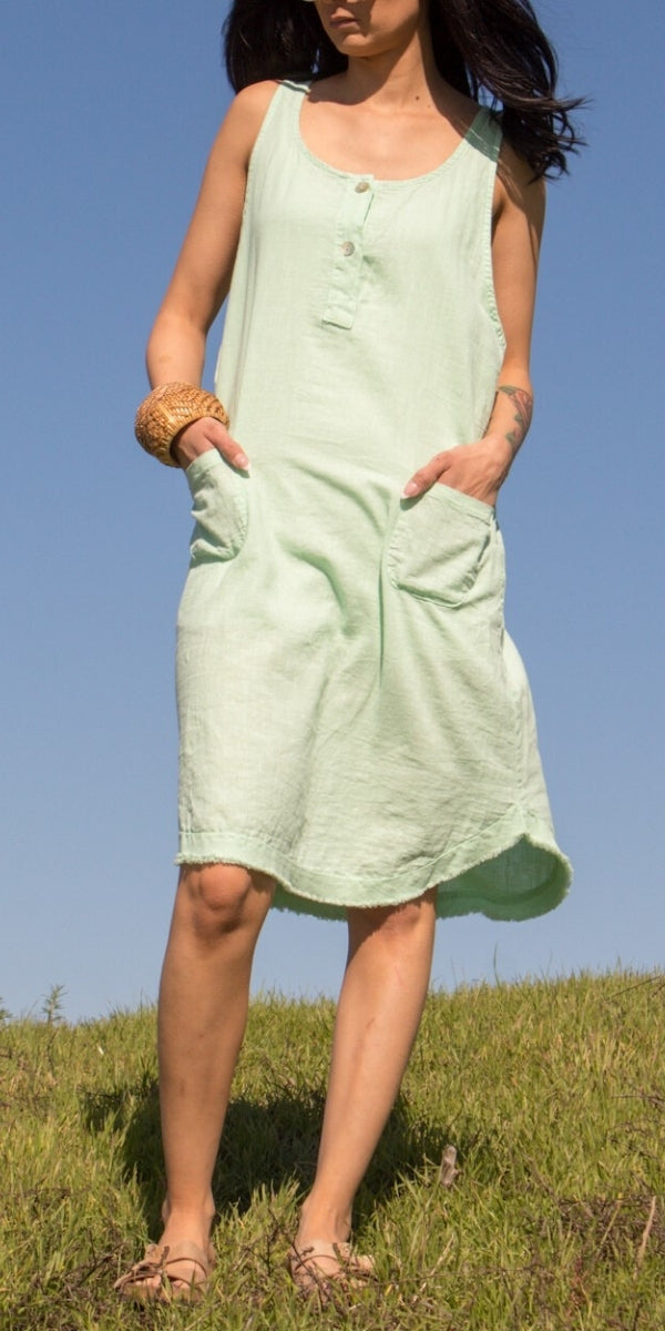 Armonia Linen Dress - Gigi Moda - Made in Italy # Buttons, Dress, Frayed Edge, Gigi Moda, Linen, Made in Italy, one size, OS, pockets, raw edge, Sleeveless