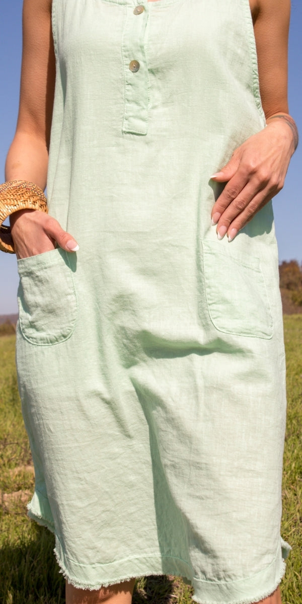 Armonia Linen Dress - Gigi Moda - Made in Italy # Buttons, Dress, Frayed Edge, Gigi Moda, Linen, Made in Italy, one size, OS, pockets, raw edge, Sleeveless