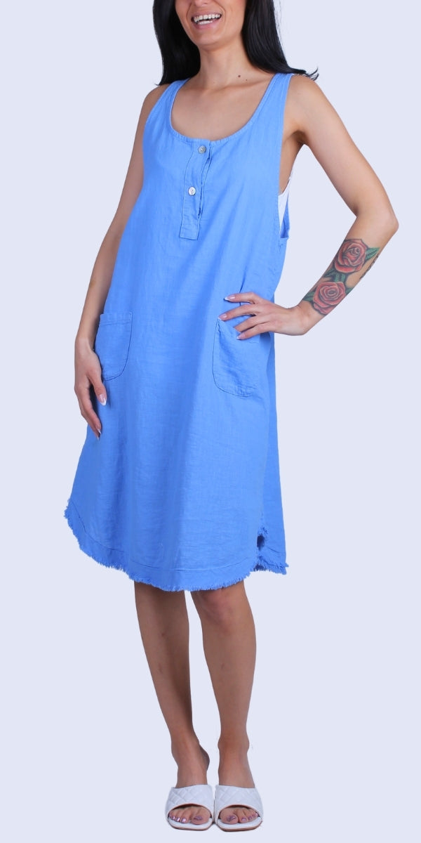 Armonia Linen Dress - Gigi Moda - Made in Italy # Buttons, Dress, Frayed Edge, Gigi Moda, Linen, Made in Italy, one size, OS, pockets, raw edge, Sleeveless
