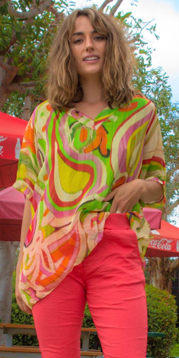Lizane Swirl Print Blouse - Gigi Moda - Made in Italy # 100% Silk, Blouse, clothing for women, Comfortable, comfy, double V neck, Gigi Moda, gigi moda. made in italy, gigimoda, italian blouse, italian boutique, italian brand, italian clothes, Italian Clothing, italian silk, layered, Layers, Made in Italy, one size, online shopping, OS, resort, resort wear, shop gigi moda, shop online, Silk, silk blouse, Top, v-neck