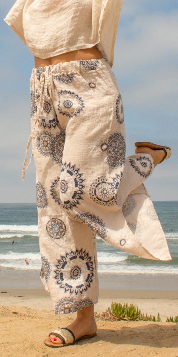 Giulana Mandala Capri Pants - Gigi Moda - Made in Italy # 100% Linen, Capri, free shipping, Gigi Moda, linen pants, Made in Italy, mandala, OS, Pants, resort, resort wear