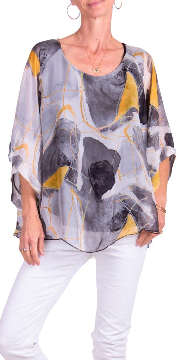 Coletta Abstract Silk Top - Gigi Moda - Made in Italy # 100% Silk, Abstract, abstract print, Bell sleeve, Blouse, italian blouse, italian tank top, italian top, Made in Italy, maxretail, OS, resort wear, Silk, silk blouse, Top