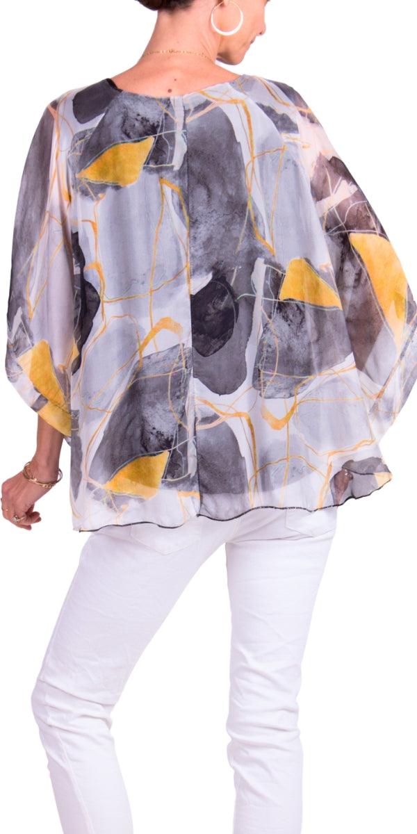 Coletta Abstract Silk Top - Gigi Moda - Made in Italy # 100% Silk, Abstract, abstract print, Bell sleeve, Blouse, italian blouse, italian tank top, italian top, Made in Italy, maxretail, OS, resort wear, Silk, silk blouse, Top