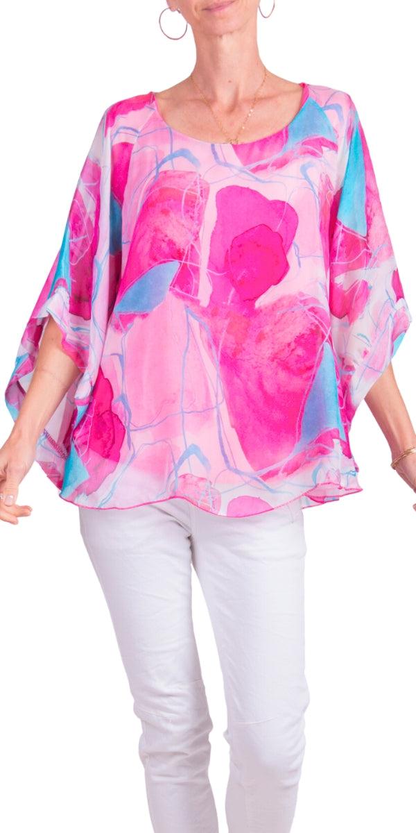 Coletta Abstract Silk Top - Gigi Moda - Made in Italy # 100% Silk, Abstract, abstract print, Bell sleeve, Blouse, italian blouse, italian tank top, italian top, Made in Italy, maxretail, OS, resort wear, Silk, silk blouse, Top