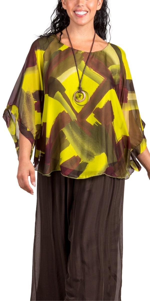 Coletta Brushstroke Silk Top - Gigi Moda - Made in Italy # 100% Silk, Bell sleeve, Blouse, Brush Stroke, brush stroke print, brushstroke print, italian blouse, italian tank top, italian top, Made in Italy, maxretail, OS, resort wear, Silk, silk blouse, Top