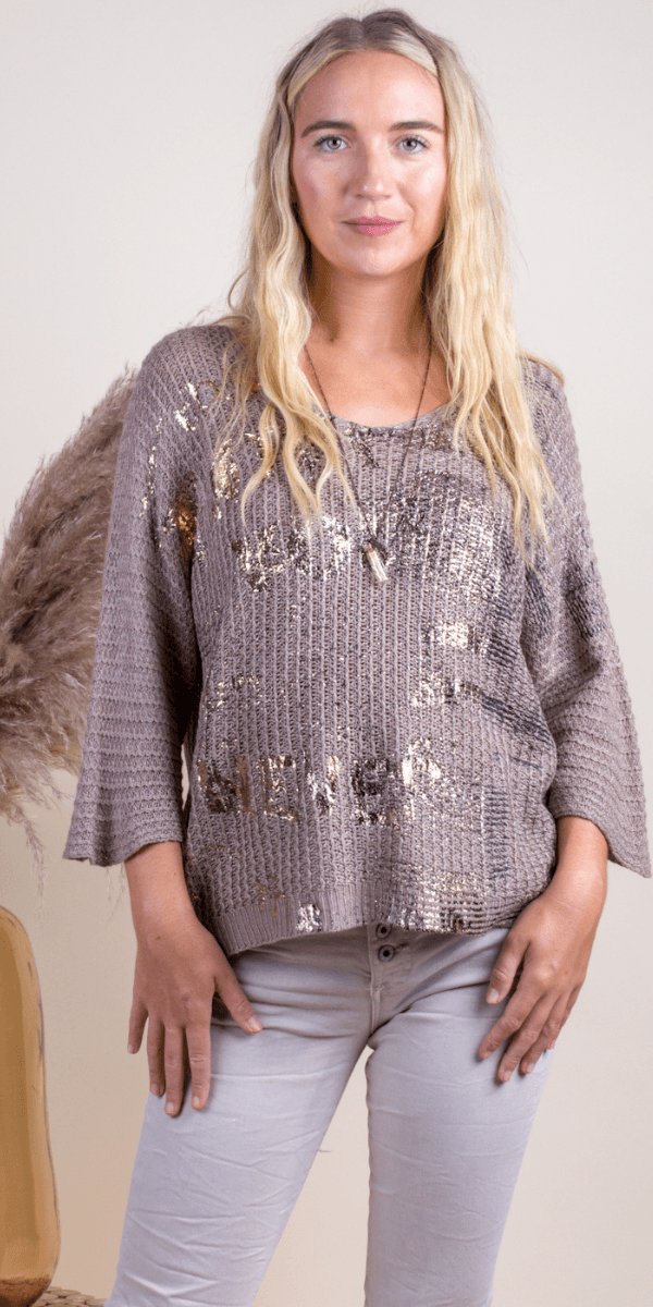 Lustro Knit Sweater - Gigi Moda - Made in Italy # comforatable fit, Gigi Moda, gigi moda. made in italy, graffiti, Knit, knit sweater, Long Sleeve, made in italy, script, shop gigi moda, Sweater, womans clothing, writing