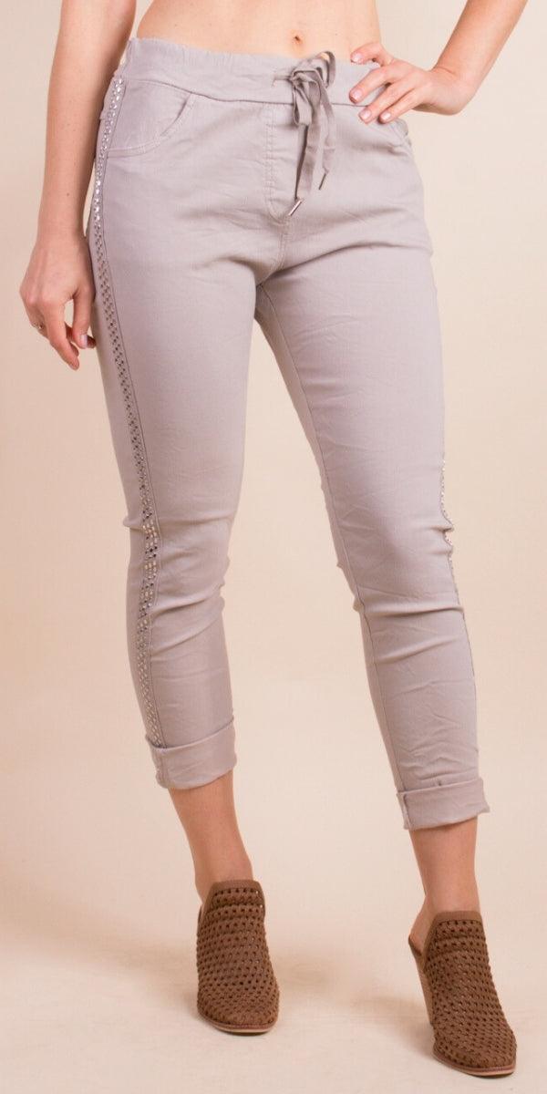 Il Chiodo Pants - Gigi Moda - Made in Italy # cropped pant, Cropped pants, drawstring pant, drawstring pants, free shipping, Gigi Moda, Made in Italy, one size, OS, Pants, patches, studded, Tie waist