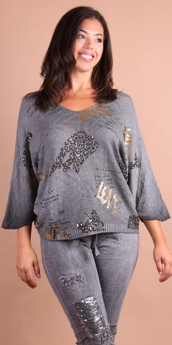Ardito Knit Sweater - Gigi Moda - Made in Italy # animal print, comforatable fit, fall sweater, Gigi Moda, Knit, knit sweater, Long Sleeve, made in italy, Metallic, shop gigi moda, Sweater, womans clothing, writing