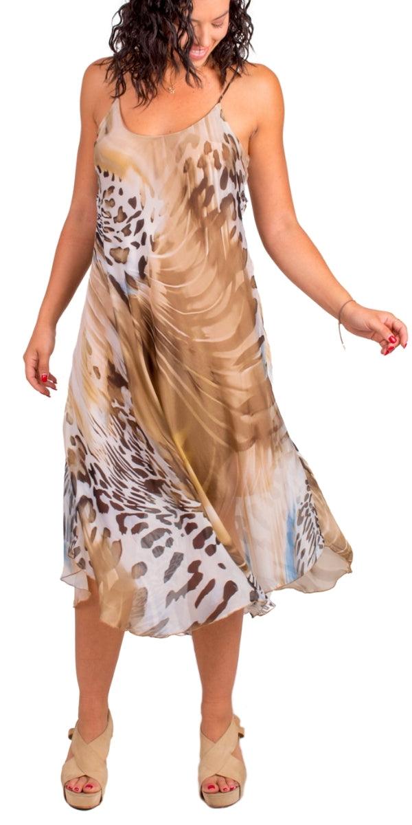 Animal Print Miele Midi Dress - Gigi Moda - Made in Italy # animal print, Dress, flowy dress, Gigi Moda, Made in Italy, midi dress, OS, resort, resort dress, resort wear, Silk, Sleeveless, Spaghetti Strap, spaghetti strap dress, Spaghetti Straps