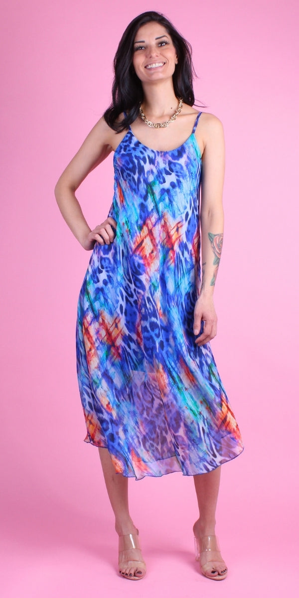 Selvaggio Miele Midi Dress - Gigi Moda - Made in Italy # animal print, Dress, flowy dress, Gigi Moda, Made in Italy, midi dress, OS, resort, resort dress, resort wear, Silk, Sleeveless, Spaghetti Strap, spaghetti strap dress, Spaghetti Straps