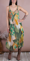 Oliva Miele Midi Dress - Gigi Moda - Made in Italy # abstract print, Dress, floral, flowy dress, Gigi Moda, Made in Italy, midi dress, OS, resort, resort dress, resort wear, Silk, Sleeveless, Spaghetti Strap, spaghetti strap dress, Spaghetti Straps