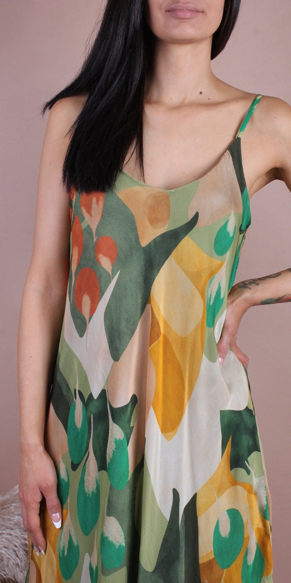 Oliva Miele Midi Dress - Gigi Moda - Made in Italy # abstract print, Dress, floral, flowy dress, Gigi Moda, Made in Italy, midi dress, OS, resort, resort dress, resort wear, Silk, Sleeveless, Spaghetti Strap, spaghetti strap dress, Spaghetti Straps