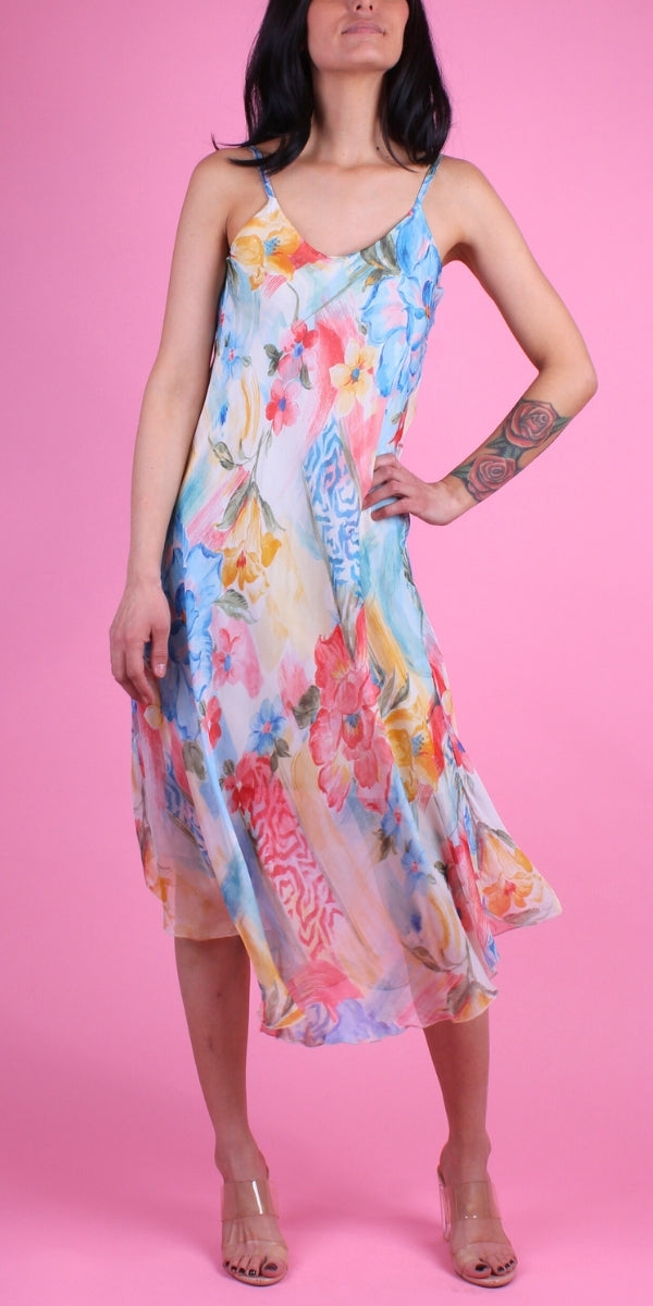 Fiorale Miele Midi Dress - Gigi Moda - Made in Italy # brushstroke print, Dress, floral, floral design, floral pattern, Floral Print, flowy dress, Gigi Moda, Made in Italy, midi dress, OS, resort, resort dress, resort wear, Silk, Sleeveless, Spaghetti Strap, spaghetti strap dress, Spaghetti Straps