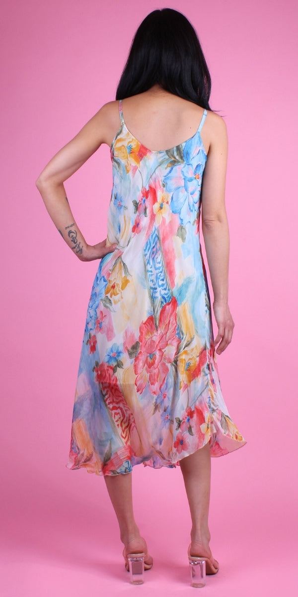 Fiorale Miele Midi Dress - Gigi Moda - Made in Italy # brushstroke print, Dress, floral, floral design, floral pattern, Floral Print, flowy dress, Gigi Moda, Made in Italy, midi dress, OS, resort, resort dress, resort wear, Silk, Sleeveless, Spaghetti Strap, spaghetti strap dress, Spaghetti Straps