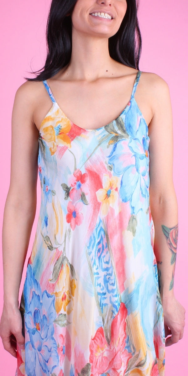 Fiorale Miele Midi Dress - Gigi Moda - Made in Italy # brushstroke print, Dress, floral, floral design, floral pattern, Floral Print, flowy dress, Gigi Moda, Made in Italy, midi dress, OS, resort, resort dress, resort wear, Silk, Sleeveless, Spaghetti Strap, spaghetti strap dress, Spaghetti Straps