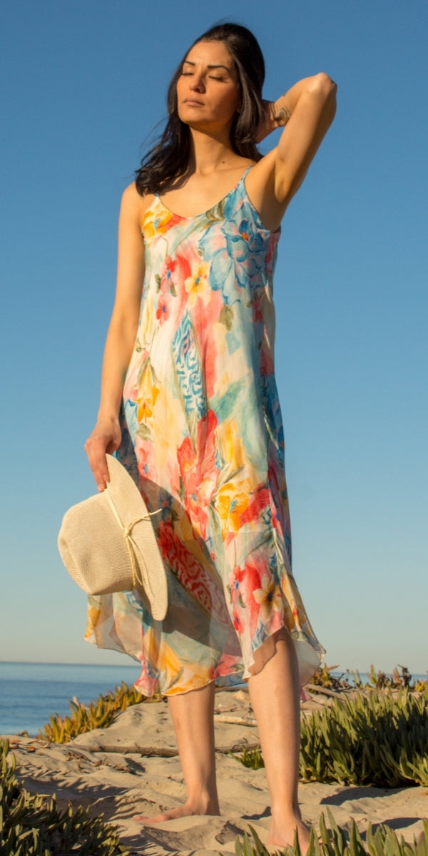 Fiorale Miele Midi Dress - Gigi Moda - Made in Italy # brushstroke print, Dress, floral, floral design, floral pattern, Floral Print, flowy dress, Gigi Moda, Made in Italy, midi dress, OS, resort, resort dress, resort wear, Silk, Sleeveless, Spaghetti Strap, spaghetti strap dress, Spaghetti Straps