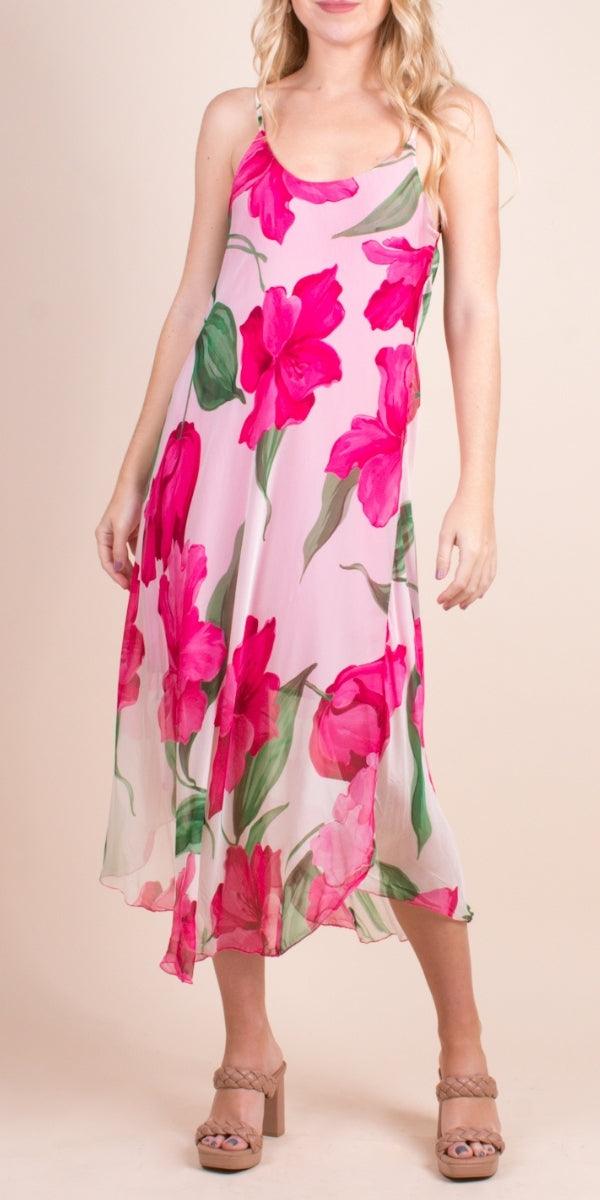 Lily Miele Midi Dress - Gigi Moda - Made in Italy # Dress, floral, floral design, floral dress, floral pattern, Floral Print, flowy dress, Gigi Moda, Made in Italy, midi dress, OS, resort, resort dress, resort wear, Silk, Sleeveless, Spaghetti Strap, spaghetti strap dress, Spaghetti Straps