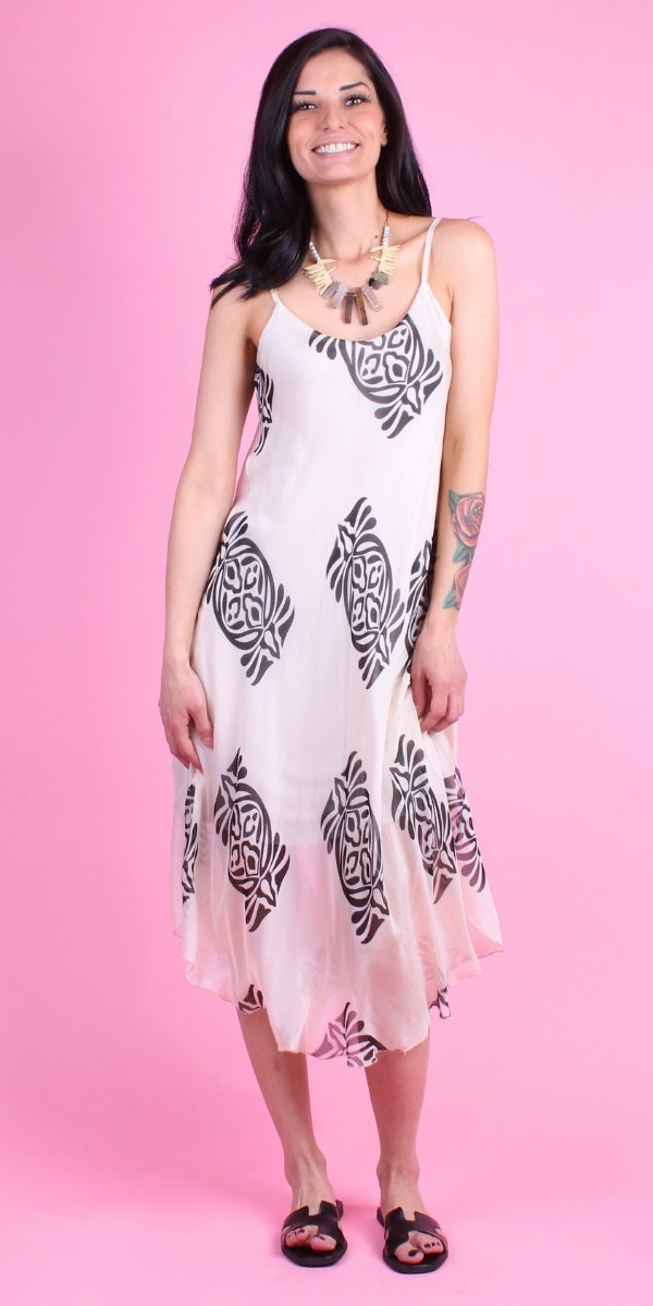 Tribal Print Miele Midi Dress - Gigi Moda - Made in Italy # Dress, flowy dress, Gigi Moda, Made in Italy, midi dress, OS, resort, resort dress, resort wear, Silk, Sleeveless, Spaghetti Strap, spaghetti strap dress, Spaghetti Straps, tribal print