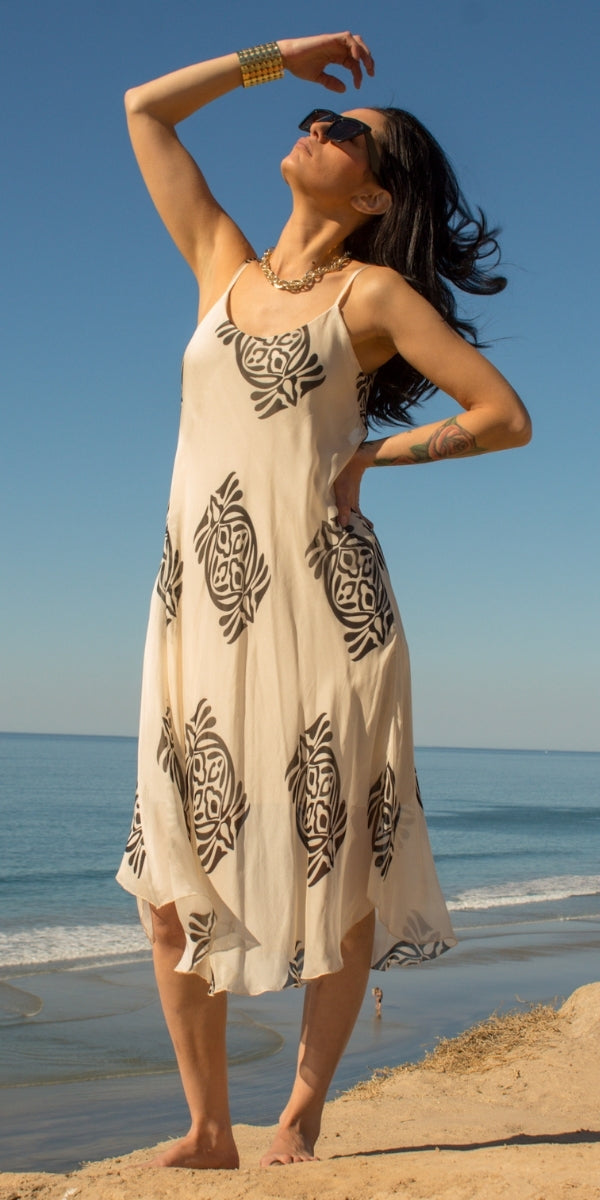 Tribal Print Miele Midi Dress - Gigi Moda - Made in Italy # Dress, flowy dress, Gigi Moda, Made in Italy, midi dress, OS, resort, resort dress, resort wear, Silk, Sleeveless, Spaghetti Strap, spaghetti strap dress, Spaghetti Straps, tribal print