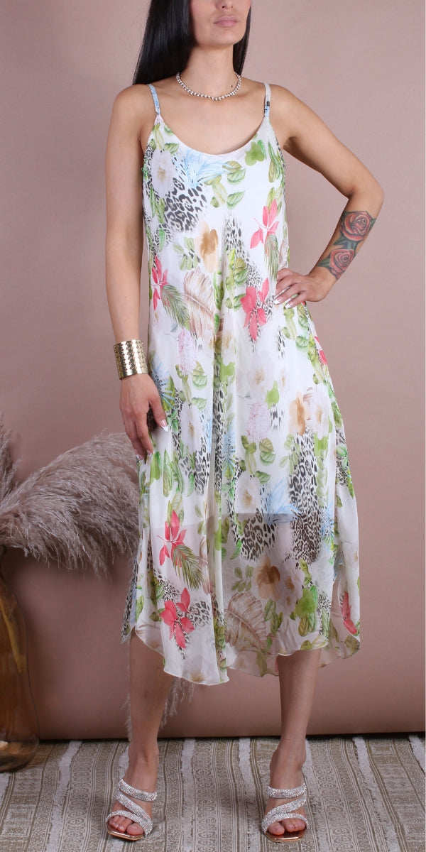 Amazzonica Miele Midi Dress - Gigi Moda - Made in Italy # animal print, Dress, flowy dress, Gigi Moda, Jaguar print, Made in Italy, midi dress, OS, resort, resort dress, resort wear, Silk, Sleeveless, Spaghetti Strap, spaghetti strap dress, Spaghetti Straps, tropical, tropical print