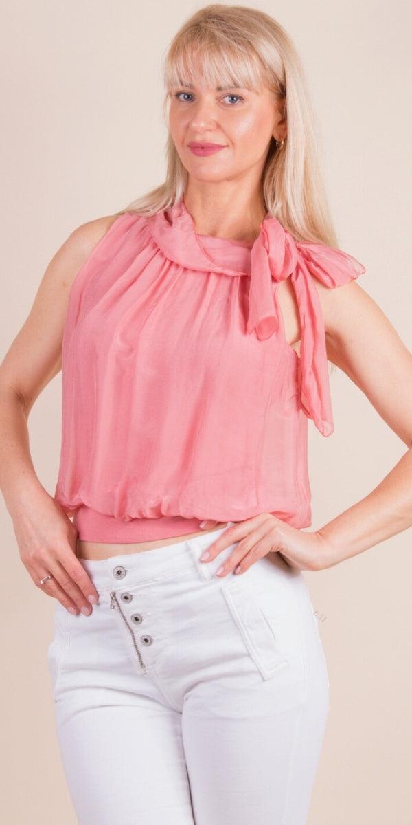 Desio Silk Top - Gigi Moda - Made in Italy # Blouse, italian blouse, italian tank top, italian top, Made in Italy, OS, resort wear, Silk, silk blouse, silk tank, Sleeveless, sleeveless top, Tank Top, Tie at neck, tie neck, Top