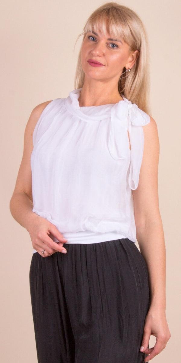 Desio Silk Top - Gigi Moda - Made in Italy # Blouse, italian blouse, italian tank top, italian top, Made in Italy, OS, resort wear, Silk, silk blouse, silk tank, Sleeveless, sleeveless top, Tank Top, Tie at neck, tie neck, Top