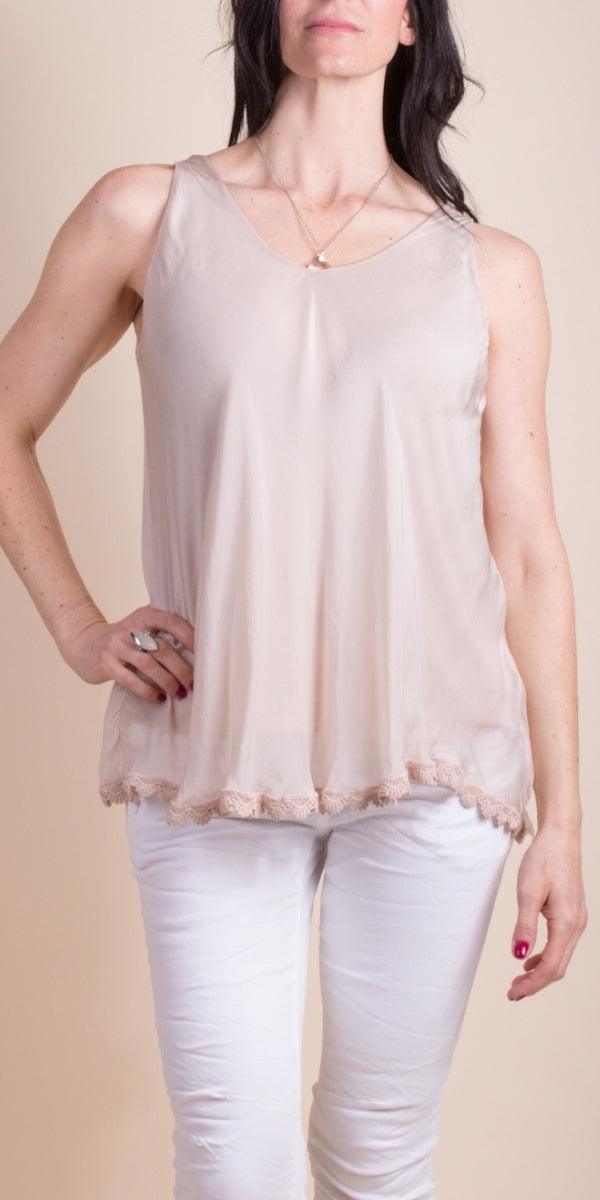 Carino Silk Top - Gigi Moda - Made in Italy # Blouse, Embroidered, Embroidery, italian blouse, italian tank top, italian top, Made in Italy, resort wear, Silk, silk blouse, silk tank, Sleeveless, sleeveless top, Tank Top, Top, V-Neck