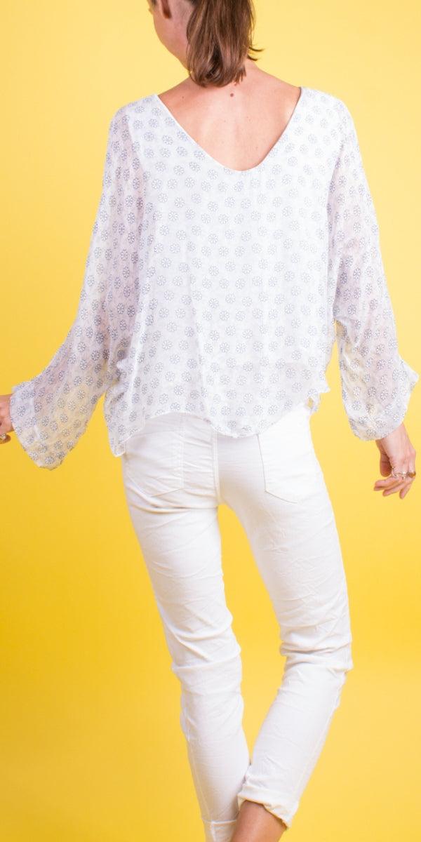 Daisy Print Isabetta Top - Gigi Moda - Made in Italy # Crop Top, daisy print, Dolman sleeve, Gigi Moda, italian clothing, Made in Italy, silk, silk blouse, womens clothing, womens tops