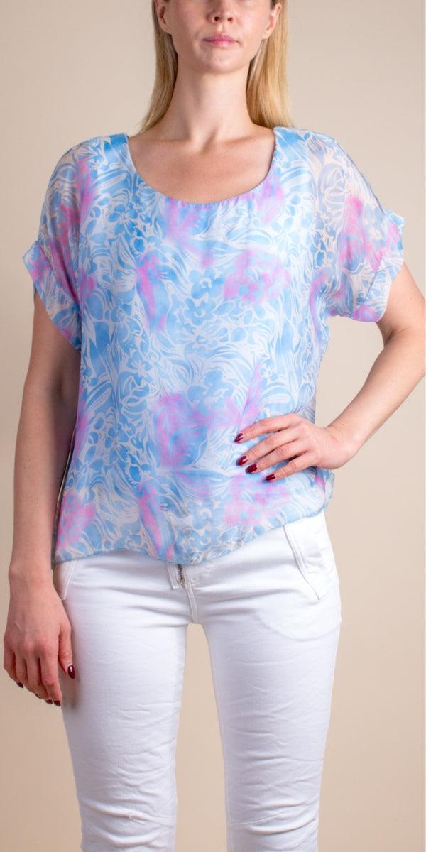 Monica Tropical Print Silk Kaftan - Gigi Moda - Made in Italy # blouse, comfy top, gigi moda, Italian Clothing, Kaftan, Made in Italy, maxretail, one size, Round Neck, Silk, top, tropical, tropical print, washable