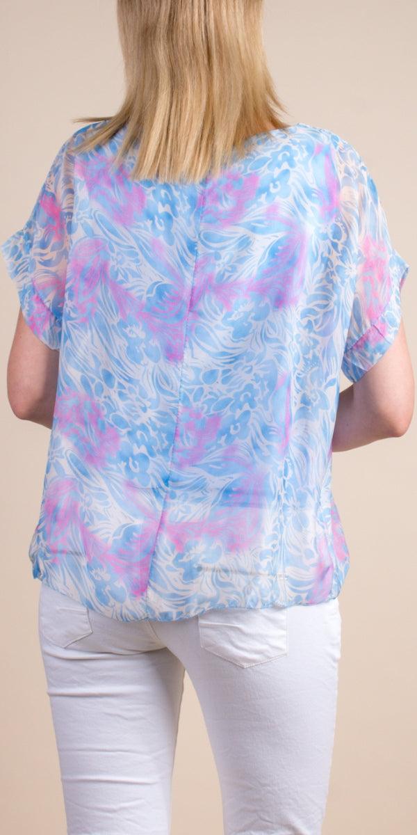 Monica Tropical Print Silk Kaftan - Gigi Moda - Made in Italy # blouse, comfy top, gigi moda, Italian Clothing, Kaftan, Made in Italy, maxretail, one size, Round Neck, Silk, top, tropical, tropical print, washable