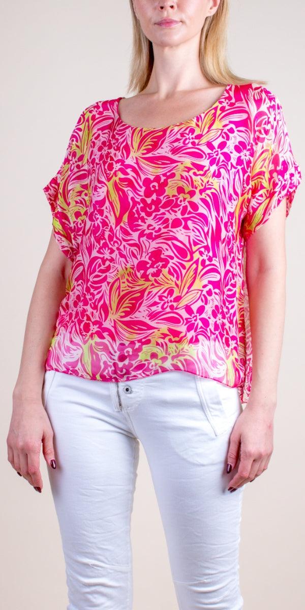 Monica Tropical Print Silk Kaftan - Gigi Moda - Made in Italy # blouse, comfy top, gigi moda, Italian Clothing, Kaftan, Made in Italy, maxretail, one size, Round Neck, Silk, top, tropical, tropical print, washable