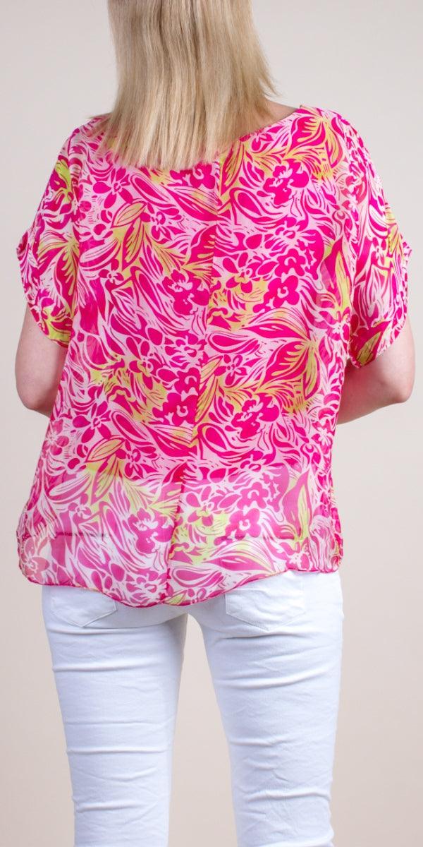 Monica Tropical Print Silk Kaftan - Gigi Moda - Made in Italy # blouse, comfy top, gigi moda, Italian Clothing, Kaftan, Made in Italy, maxretail, one size, Round Neck, Silk, top, tropical, tropical print, washable