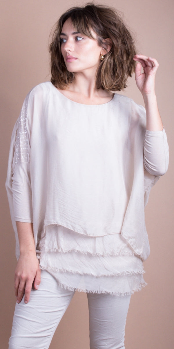 Romana Blouse - Gigi Moda - Made in Italy # blouse, frayed edge, gigi moda, italian silk blouse, made in italy, sequin top, Sequins, silk, silk blouse, silk top