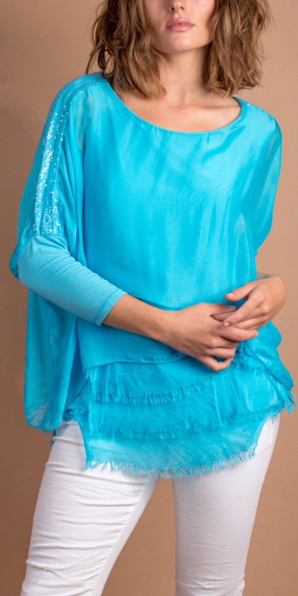 Romana Blouse - Gigi Moda - Made in Italy # blouse, frayed edge, gigi moda, italian silk blouse, made in italy, sequin top, Sequins, silk, silk blouse, silk top
