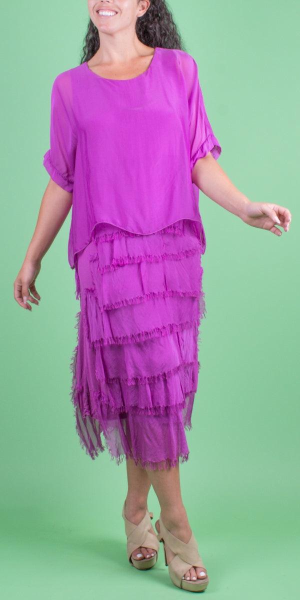 Siena Scoop Neck Maxi Dress - Gigi Moda - Made in Italy # Dress, Gigi Moda, Made in Italy, Maxi Dress, one size, OS, ruffles, Scoop Neck, short sleeve, short sleeve dress, Silk