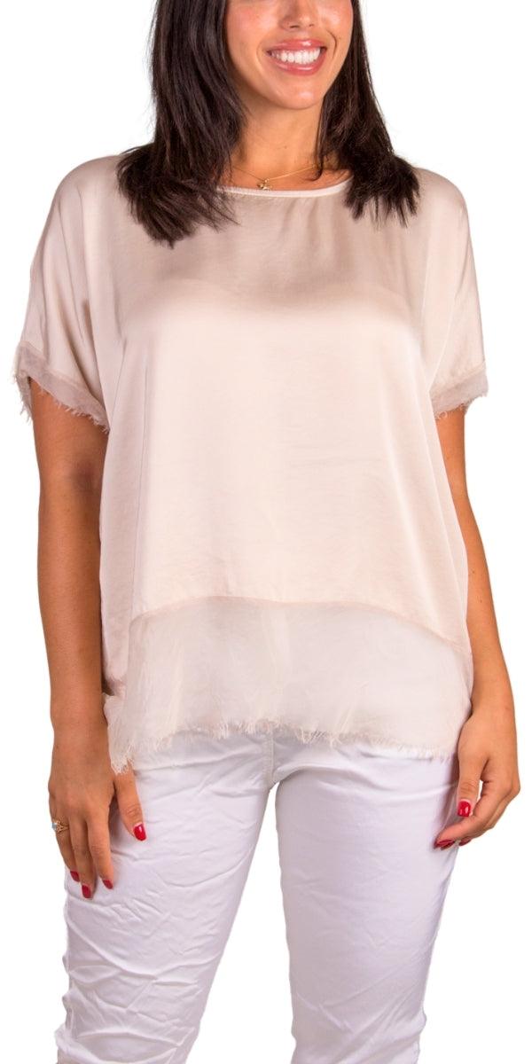 Turin Top - Gigi Moda - Made in Italy # Blouse, Blouses, clothing for women, comforatable fit, comfy, Gigi Moda, italian clothes, Italian Clothing, italian fashion, italian top, Made in Italy, one size, raw edge, Round Neck, shopgigimoda, short sleeve, short sleeve top, Silk, Top, womans clothing, womens fashion, Womens Tops