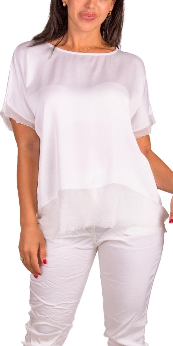 Turin Top - Gigi Moda - Made in Italy # Blouse, Blouses, clothing for women, comforatable fit, comfy, Gigi Moda, italian clothes, Italian Clothing, italian fashion, italian top, Made in Italy, one size, raw edge, Round Neck, shopgigimoda, short sleeve, short sleeve top, Silk, Top, womans clothing, womens fashion, Womens Tops