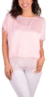 Pink Turin Top - Gigi Moda - Made in Italy # Blouse, Blouses, clothing for women, comforatable fit, comfy, Gigi Moda, italian clothes, Italian Clothing, italian fashion, italian top, Made in Italy, one size, raw edge, Round Neck, shopgigimoda, short sleeve, short sleeve top, Silk, Top, womans clothing, womens fashion, Womens Tops